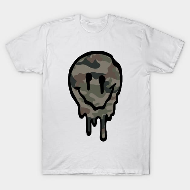 Camoflage Drippy Smiley Face T-Shirt by lolsammy910